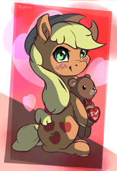 Size: 2139x3119 | Tagged: safe, artist:nookprint, part of a set, character:applejack, species:earth pony, species:pony, blushing, cheek fluff, chest fluff, cute, ear fluff, female, heart, high res, holiday, jackabetes, mare, plushie, sitting, smiling, solo, teddy bear, valentine's day