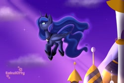 Size: 1417x945 | Tagged: safe, artist:sakukitty, character:princess luna, species:alicorn, species:pony, canterlot, canterlot castle, cloud, crepuscular rays, crying, female, flying, mare, moonlight, night, profile, sky, solo