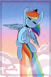 Size: 1365x2048 | Tagged: safe, artist:sakukitty, character:rainbow dash, species:pegasus, species:pony, cloud, cute, dashabetes, eyes closed, female, flying, heart, mare, rainbow, rainbow trail, sky, smiling, solo, spread wings, wings