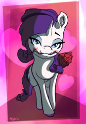 Size: 2160x3103 | Tagged: safe, artist:nookprint, part of a set, character:rarity, species:pony, species:unicorn, bedroom eyes, blushing, cute, female, flower, flower in mouth, heart, high res, holiday, looking at you, mare, mouth hold, raribetes, rose, solo, unshorn fetlocks, valentine's day