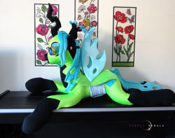 Size: 1280x1010 | Tagged: safe, artist:purplenebulastudios, character:queen chrysalis, species:changeling, bodysuit, goggles, irl, photo, plushie, prone, solo