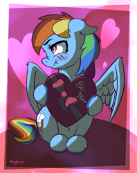 Size: 2338x2958 | Tagged: safe, artist:nookprint, part of a set, character:rainbow dash, species:pegasus, species:pony, :t, belly button, blushing, bow, cute, dashabetes, ear fluff, female, floppy ears, heart, high res, holiday, mare, nose wrinkle, profile, scrunchy face, sitting, solo, spread wings, tsunderainbow, tsundere, unshorn fetlocks, valentine's day, wings