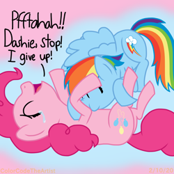 Size: 1536x1536 | Tagged: safe, artist:colorcodetheartist, character:pinkie pie, character:rainbow dash, ship:pinkiedash, abstract background, crying while laughing, cute, dashabetes, dialogue, diapinkes, female, laughing, lesbian, raspberry, shipping, tickling, tummy buzz