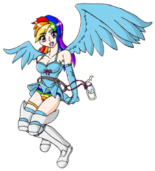 Size: 857x949 | Tagged: safe, artist:eradose, character:rainbow dash, species:human, breasts, cleavage, clothing, cosplay, dress, female, humanized, nanael, panties, queen's blade, rainbow underwear, shoes, simple background, skirt, sneakers, socks, solo, striped underwear, thigh highs, transparent background, underwear, upskirt, winged humanization