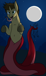 Size: 1272x2087 | Tagged: safe, artist:chancemccoy, oc, oc:chance mccoy, oc:daylit inquiry, species:lamia, species:pony, species:unicorn, belly button, long tongue, male, moon, night, original species, plushie, snake pony, solo, tongue out