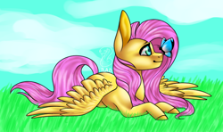 Size: 646x383 | Tagged: safe, artist:blitsazalisdash, artist:fixielle, character:fluttershy, species:pegasus, species:pony, butterfly, butterfly on nose, collaboration, female, insect on nose, mare, open collaboration, prone, smiling, solo, spread wings, wings