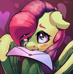 Size: 2482x2529 | Tagged: safe, artist:nookprint, character:fluttershy, species:pegasus, species:pony, blushing, bust, cute, ear fluff, envelope, female, floppy ears, heart, high res, holiday, hooves to the chest, letter, looking up, mare, mouth hold, shyabetes, solo, spread wings, stray strand, three quarter view, valentine's day, wings