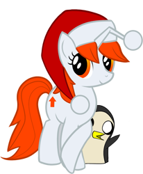 Size: 743x900 | Tagged: safe, artist:undead-niklos, oc, oc:karma, species:pony, species:unicorn, adventure time, christmas, clothing, crossed legs, cutie mark, female, gunther, hat, holiday, mare, ponified, reddit, santa hat, simple background, transparent background, upvote, vector, waving