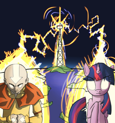 Size: 1873x2000 | Tagged: safe, artist:undead-niklos, character:twilight sparkle, character:twilight sparkle (unicorn), species:human, species:pony, species:unicorn, aang, avatar state, avatar the last airbender, crossover, electricity, glowing eyes, radio tower, reddit, snoo