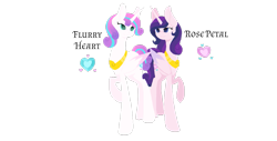 Size: 1255x637 | Tagged: safe, artist:magicuniclaws, character:princess flurry heart, oc, oc:rose petal, parent:princess cadance, parent:shining armor, parents:shiningcadance, species:alicorn, species:pony, alicorn oc, cutie mark, duo, female, mare, offspring, older, older flurry heart, peytral, princess, raised hoof, siblings, simple background, sisters, transparent background