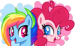 Size: 2359x1448 | Tagged: safe, artist:xxmaikhanhflarexx, character:pinkie pie, character:rainbow dash, species:pegasus, species:pony, g5 leak, leak, duo, female, happy, head, mare, pegasus pinkie pie, pinkie pie (g5), race swap, rainbow dash (g5), redesign, simple background, smiling, transparent background