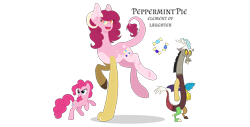 Size: 1370x695 | Tagged: safe, artist:magicuniclaws, character:discord, character:pinkie pie, oc, oc:peppermint pie, parent:discord, parent:pinkie pie, parents:discopie, species:draconequus, species:earth pony, species:pony, ship:discopie, female, hybrid, interspecies offspring, male, offspring, shipping, simple background, straight, transparent background