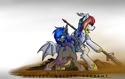 Size: 2125x1343 | Tagged: safe, artist:movieskywalker, derpibooru original, oc, oc only, oc:pegasus dragon, oc:west wind, species:bat pony, species:dracony, species:dragon, species:pony, armor, back to back, bat pony oc, blood, claws, couple, dirt, duo, hoof shoes, hybrid, multicolored hair, rainbow hair, royal guard, shadow fight 3, simple background, spear, weapon, white background
