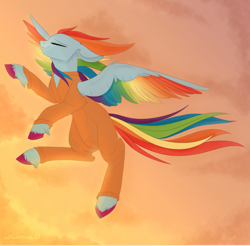Size: 1920x1890 | Tagged: safe, artist:nyota71, character:rainbow dash, species:pegasus, species:pony, g5 leak, clothing, cloud, colored hooves, colored wings, commission, eyes closed, female, flying, jumpsuit, mare, multicolored wings, prison outfit, prisoner, prisoner rd, rainbow dash (g5), rainbow wings, redesign, smiling, solo, sunset, wings