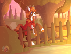 Size: 5000x3800 | Tagged: safe, artist:merienvip, oc, oc only, species:earth pony, species:pony, absurd resolution, clothing, female, fence, hat, mare, scenery, shirt, solo, tree