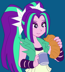 Size: 3166x3500 | Tagged: safe, artist:zefrenchm, character:aria blaze, my little pony:equestria girls, blue background, bracelet, bread, coffee, coffee mug, croissant, eating, female, food, jewelry, mug, pigtails, simple background, solo, twintails