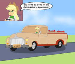 Size: 2957x2550 | Tagged: safe, artist:zefrenchm, character:applejack, my little pony:equestria girls, apple, applejack's hat, car, clothing, cowboy hat, dialogue, driving, female, food, hat, pickup truck, road, sky, solo, speech bubble
