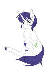 Size: 1920x2469 | Tagged: safe, artist:nyota71, oc, oc:nightshade, species:pony, species:unicorn, belladonna, chest fluff, colored hooves, commission, ear fluff, eye clipping through hair, female, green eyes, long tail, mare, purple hair, short hair, simple background, smiling, solo, transparent background, white coat