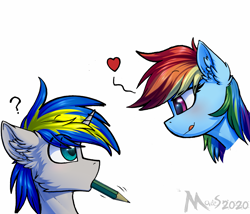 Size: 2333x2000 | Tagged: safe, artist:movieskywalker, derpibooru original, character:rainbow dash, oc, oc:dopami korpela, species:pegasus, species:pony, species:unicorn, blushing, canon x oc, dopadash, duo, female, heart, looking at each other, male, mare, pencil, pencil in mouth, question mark, shipping, simple background, stallion, straight, white background