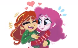 Size: 1368x840 | Tagged: safe, artist:wimsie, character:pinkie pie, character:sunset shimmer, species:human, ship:sunsetpie, my little pony:equestria girls, blushing, clothing, cute, diapinkes, female, holiday, hug, lesbian, shimmerbetes, shipping, sweater