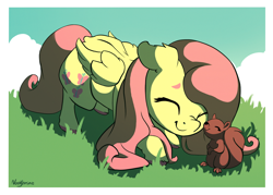 Size: 3500x2500 | Tagged: safe, artist:nookprint, character:fluttershy, species:pegasus, species:pony, cute, ear fluff, eyes closed, female, floppy ears, high res, mare, shyabetes, smiling, solo, squirrel, unshorn fetlocks