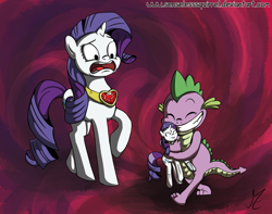 Size: 839x660 | Tagged: dead source, safe, artist:senselesssquirrel, character:rarity, character:spike, species:dragon, species:pony, species:unicorn, ship:sparity, abstract background, female, fire ruby, grin, hilarious in hindsight, male, mare, plushie, rarity plushie, shipping, shocked, smiling, straight