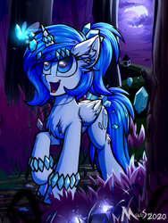 Size: 1500x2000 | Tagged: safe, artist:movieskywalker, derpibooru original, oc, oc only, species:alicorn, species:pony, chest fluff, evening, fairy, female, forest, ice, open mouth, scenery, solo, walking