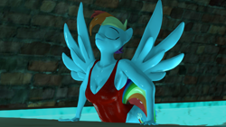 Size: 3840x2160 | Tagged: safe, artist:epsilonwolf, character:rainbow dash, species:anthro, species:pegasus, species:plantigrade anthro, species:pony, 3d, baywatch, breasts, busty rainbow dash, cleavage, clothing, eyes closed, female, indoor swimming pool, indoors, nexgen, one-piece swimsuit, solo, source filmmaker, swimming pool, swimsuit, water, wet, wet mane, wings