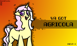 Size: 801x477 | Tagged: safe, artist:anelaponela, oc, oc only, oc:agricola, species:pony, species:unicorn, banned from equestria daily, blushing, female, implied sex, looking at you, mare, meme, open mouth, smiling, smiling at you, solo