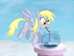 Size: 1600x1200 | Tagged: safe, artist:werdkcub, character:derpy hooves, species:pegasus, species:pony, bowl, female, fish, mare, solo, straw