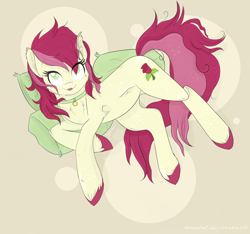 Size: 1920x1800 | Tagged: safe, artist:nyota71, character:roseluck, species:earth pony, species:pony, behaving like a cat, chest fluff, collar, colored hooves, colored pupils, cute, ear fluff, eye clipping through hair, female, hoof fluff, mare, messy hair, messy mane, messy tail, mlem, pillow, rosepet, silly, simple background, solo, tongue out