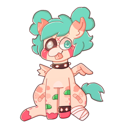 Size: 2000x2000 | Tagged: safe, artist:rigbythememe, oc, oc only, oc:gumi (rigbythememe), species:pegasus, species:pony, bandage, bandaid, broken wing, choker, collar, derp, female, missing limb, simple background, solo, spiked choker, spiked collar, tongue out, transparent background, wings