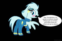 Size: 1024x678 | Tagged: safe, artist:crystal wishes, oc, oc:windy breeze, species:pegasus, species:pony, blushing, butt, clothing, featureless crotch, female, goggles, implied thunderlane, looking back, mare, plot, simple background, solo, spread wings, transparent background, uniform, wingboner, wings, wonderbolts, wonderbolts uniform