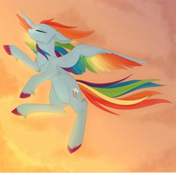 Size: 4096x4032 | Tagged: safe, artist:nyota71, character:rainbow dash, species:pegasus, species:pony, g5 leak, absurd resolution, chest fluff, cloud, colored hooves, colored wings, commission, eyes closed, female, flying, mare, multicolored wings, rainbow dash (g5), rainbow wings, smiling, solo, spread wings, sunset, wings