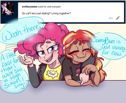 Size: 1600x1300 | Tagged: safe, artist:ask-sunpie, artist:wimsie, character:pinkie pie, character:sunset shimmer, species:human, ship:sunsetpie, ask, bi sunset, bisexual pride flag, cute, female, humanized, lesbian, shipping, tumblr:ask sunpie