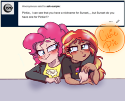 Size: 1600x1300 | Tagged: safe, artist:ask-sunpie, artist:wimsie, character:pinkie pie, character:sunset shimmer, species:human, ship:sunsetpie, bi sunset, bisexual pride flag, cute, female, humanized, lesbian, pride, pride flag, shipping, tumblr:ask sunpie
