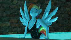 Size: 3840x2160 | Tagged: safe, alternate version, artist:epsilonwolf, character:rainbow dash, species:anthro, species:pegasus, species:plantigrade anthro, species:pony, 3d, breasts, busty rainbow dash, cleavage, clothing, eyes closed, female, indoor swimming pool, indoors, nexgen, one-piece swimsuit, solo, source filmmaker, swimming pool, swimsuit, water, wet, wet mane, wings