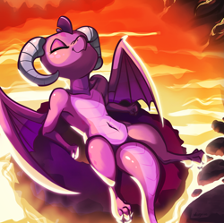 Size: 3039x3031 | Tagged: safe, artist:nookprint, character:princess ember, species:dragon, armpits, belly button, cute, dragon lands, dragoness, emberbetes, eyes closed, female, high res, inner tube, lava, lava pit, smiling, solo