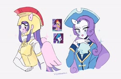 Size: 2934x1914 | Tagged: safe, artist:vilkadvanoli, gameloft, character:rarity, character:twilight sparkle, character:twilight sparkle (alicorn), species:alicorn, species:pony, species:unicorn, my little pony:equestria girls, armor, athena sparkle, bust, costume, pirate, ponied up, screencap reference, sparkles