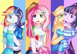Size: 1023x724 | Tagged: safe, artist:araiiara123, character:applejack, character:fluttershy, character:pinkie pie, character:rainbow dash, character:rarity, character:twilight sparkle, character:twilight sparkle (scitwi), species:eqg human, episode:magical mystery cure, g4, my little pony: friendship is magic, my little pony:equestria girls, clothes swap, equestria girls interpretation, humane five, humane six, scene interpretation, what my cutie mark is telling me