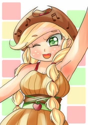 Size: 724x1023 | Tagged: safe, artist:araiiara123, character:applejack, episode:friendship through the ages, equestria girls:rainbow rocks, g4, my little pony: equestria girls, my little pony:equestria girls, '90s, armpits, breasts, busty applejack, clothing, country applejack, cowboy hat, cute, cute little fangs, fangs, female, freckles, hat, jackabetes, one eye closed, wink