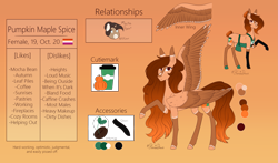 Size: 3147x1846 | Tagged: safe, artist:moonwolf96, oc, oc:pumpkin maple spice, species:pegasus, species:pony, apron, clothing, female, high res, mare, reference sheet, solo, two toned wings, wings