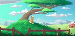 Size: 4100x2000 | Tagged: safe, artist:silverhopexiii, character:applejack, character:big mcintosh, species:earth pony, species:pony, barn, cloud, female, hatless, high res, male, mare, missing accessory, mountain, profile, scenery, sitting, sky, stallion, sweet apple acres, tree, under the tree