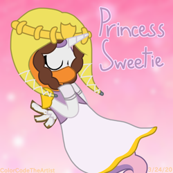 Size: 1536x1536 | Tagged: safe, artist:colorcodetheartist, character:sweetie belle, abstract background, cardboard wings, clothing, crossover, crown, cute, dress, fake wings, jewelry, kenny mccormick, parka, princess, princess kenny, regalia, south park, south park: the stick of truth, wig