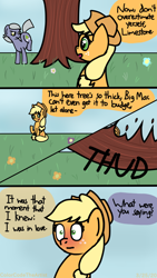 Size: 810x1440 | Tagged: safe, artist:colorcodetheartist, character:applejack, character:limestone pie, species:earth pony, species:pony, applestone, blushing, bucking, comic, crack shipping, dialogue, female, flower, frown, glare, implied big macintosh, lesbian, looking back, mare, offscreen character, shipping, shocked, speech bubble, tree, wide eyes