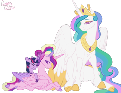 Size: 1280x985 | Tagged: safe, artist:luna dave, character:princess cadance, character:princess celestia, character:twilight sparkle, character:twilight sparkle (unicorn), species:alicorn, species:pony, species:unicorn, aunt and niece, bow, colored wings, colored wingtips, crown, cute, cutedance, eyes closed, female, filly, filly twilight sparkle, jewelry, lying down, magic, makeup, mare, momlestia, necklace, no pupils, ponytail, prone, realistic anatomy, realistic horse legs, realistic wings, regalia, simple background, sitting, tail bow, teen princess cadance, transparent background, twiabetes, unshorn fetlocks, wing fluff, wings, younger