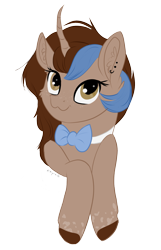 Size: 1231x1912 | Tagged: safe, artist:nyota71, oc, oc:shadow feather, species:pony, species:unicorn, body markings, bow tie, bust, colored hooves, ear fluff, ear piercing, earring, female, freckles, jewelry, looking at you, mare, piercing, simple background, smiling, smiling at you, solo, spots, transparent background
