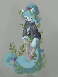 Size: 6100x8000 | Tagged: safe, artist:aoiyui, oc, oc only, oc:whispy slippers, species:earth pony, species:pony, clothing, female, floating, glasses, leaves, mare, plant, ponytail, slippers, socks, solo, sweater