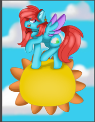 Size: 625x803 | Tagged: safe, artist:tater, oc, oc only, oc:cyan sunshine, species:pegasus, species:pony, ear piercing, earring, female, jewelry, necklace, pegasus oc, piercing, sky, solo, song reference, sun, tangible heavenly object, trotting, two toned wings, walking on sunshine, wings