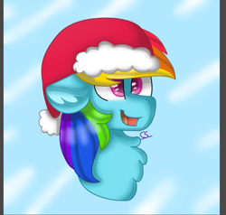 Size: 831x792 | Tagged: safe, artist:tater, character:rainbow dash, species:pegasus, species:pony, bust, chest fluff, christmas, clothing, female, floppy ears, hat, holiday, santa hat, smiling, solo